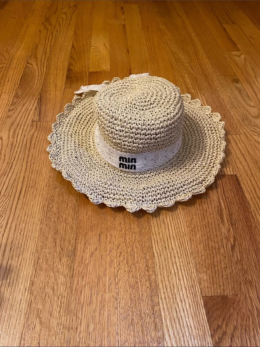 Miu Miu Kids Crochet Straw Sun Hat in Natural Cream
